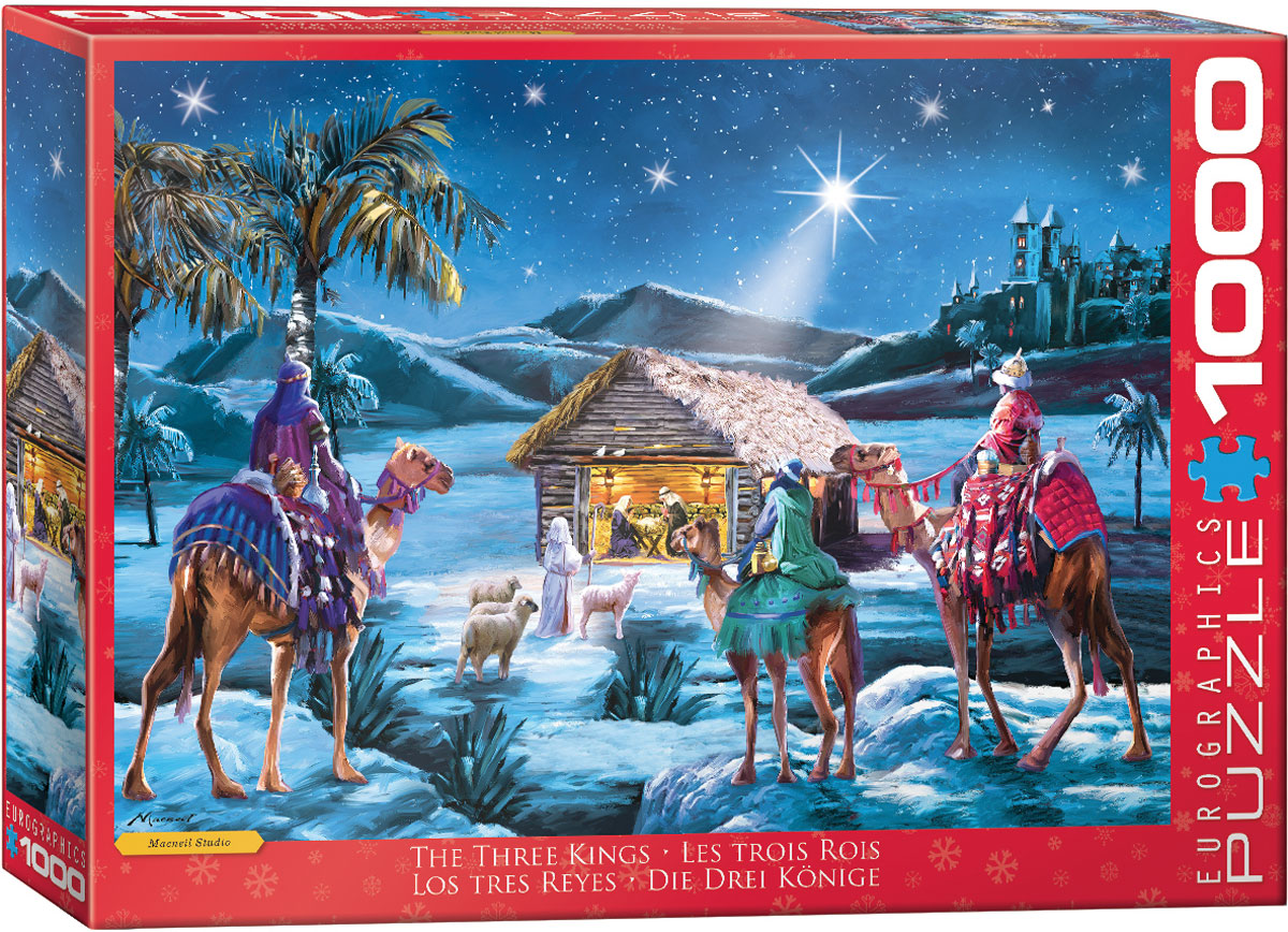 Three robed kings cross a quiet desert beneath a star-filled sky, following a bright guiding star toward a stable. Richly colored garments and the glowing nativity setting define the biblical scene.