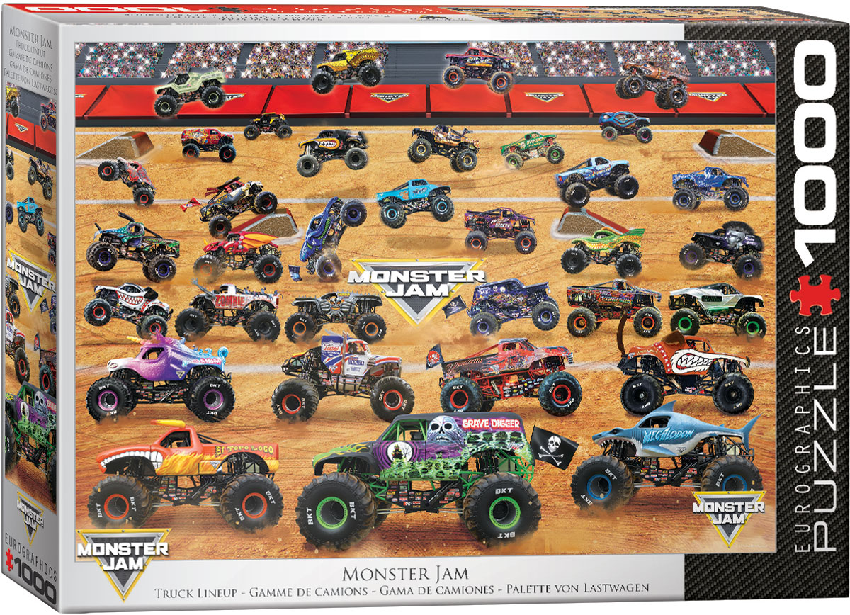 A lineup of Monster Jam trucks, including Grave Digger and El Toro Loco, charges through dirt in an arena-style display, with each vehicle shown in detailed action.