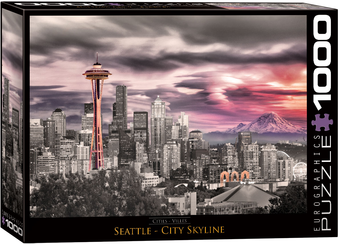 A Seattle city skyline scene with the Space Needle and Columbia Center among its landmark architecture.