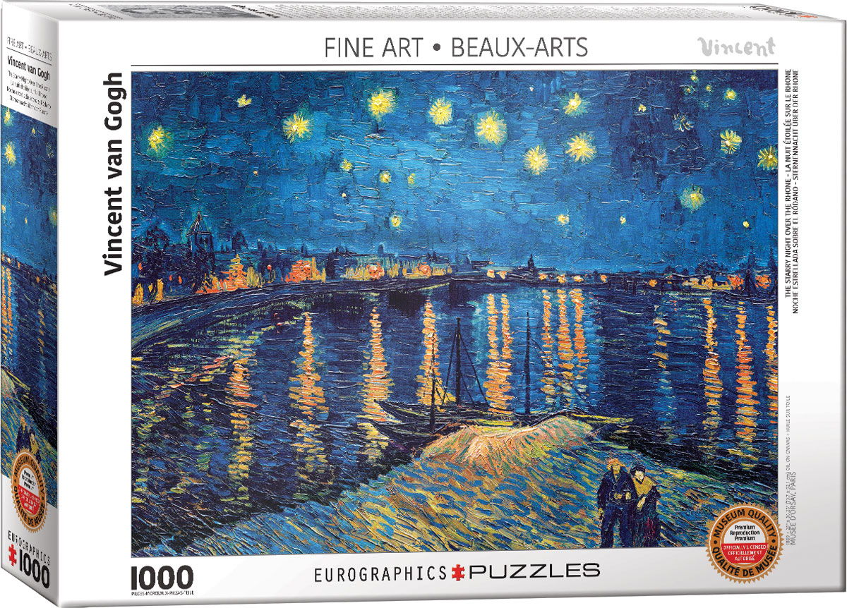 A colorful nighttime view of Arles along the bank of the Rhône, presented as a reproduction of Vincent van Gogh’s painting.