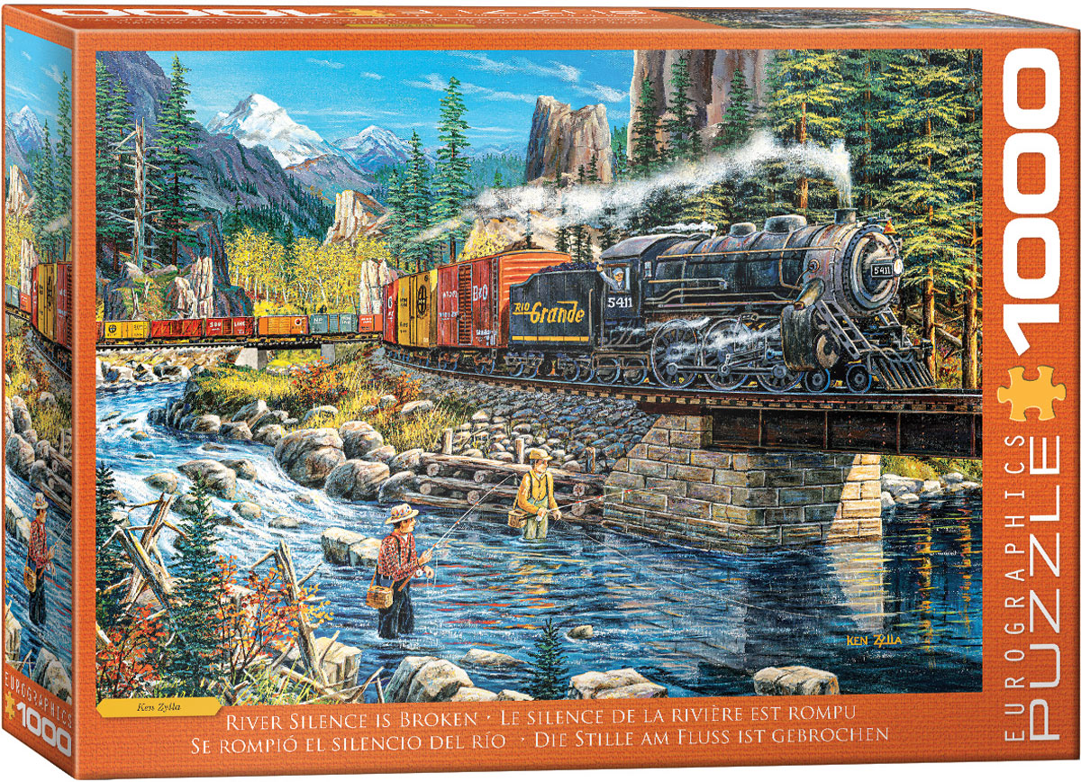 A majestic steam locomotive crosses a tranquil river, with vivid color and detailed artwork setting engineered movement against the surrounding natural landscape.