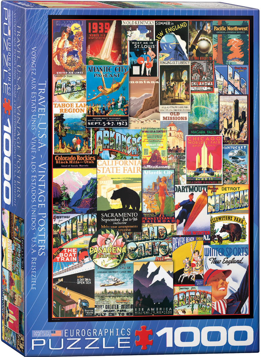 A montage of old U.S. travel posters brings scenes from more than 40 destinations together in one composite design.