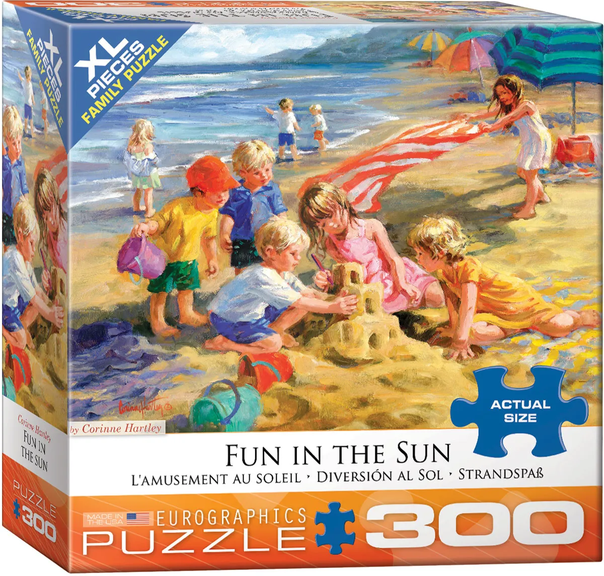 A beach scene centers on sandcastles formed from sand, capturing a childhood afternoon outdoors.