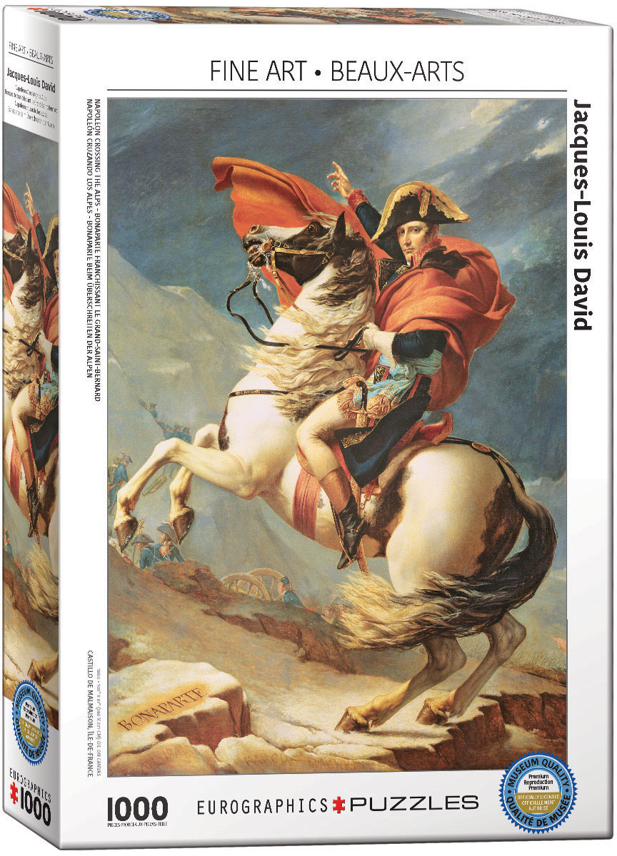 Napoleon Bonaparte leads his army across the Alps in a dramatic historical scene based on Jacques-Louis David’s celebrated painting.