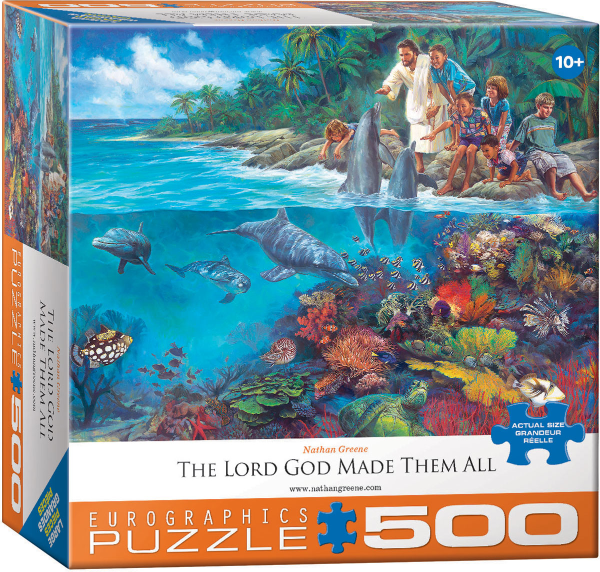 Christ and contemporary children feed playful dolphins at the sea's shoreline. Beneath the surface, varied marine life swims through a colorful panorama of teals, blues, and aqua tones.
