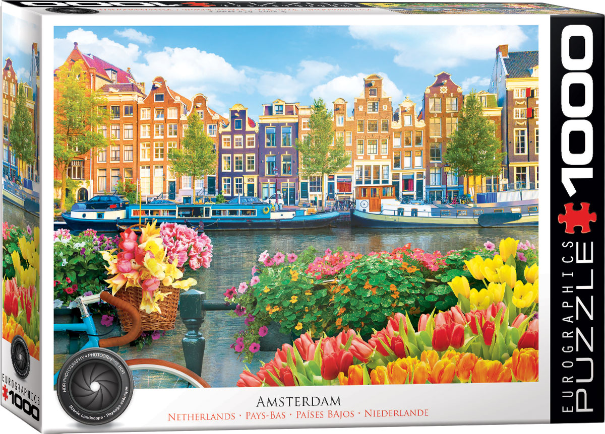 The image features Amsterdam's iconic canal houses, bridges, and winding streets, along with the lively Dam Square and the picturesque Jordaan neighborhood.