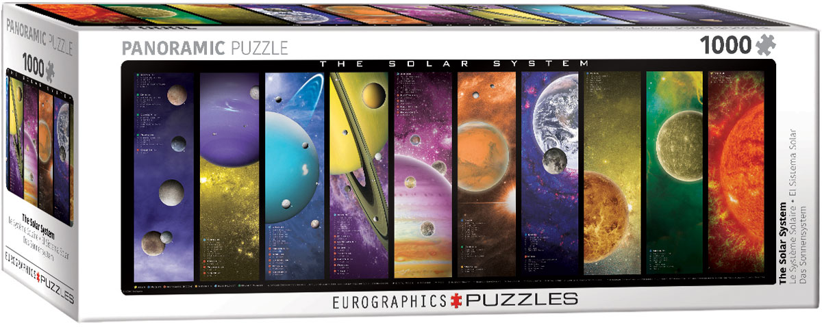 A panoramic illustration arranges vividly colored planets with relative-size comparisons, factual callouts, and their moons across a space-themed scene.