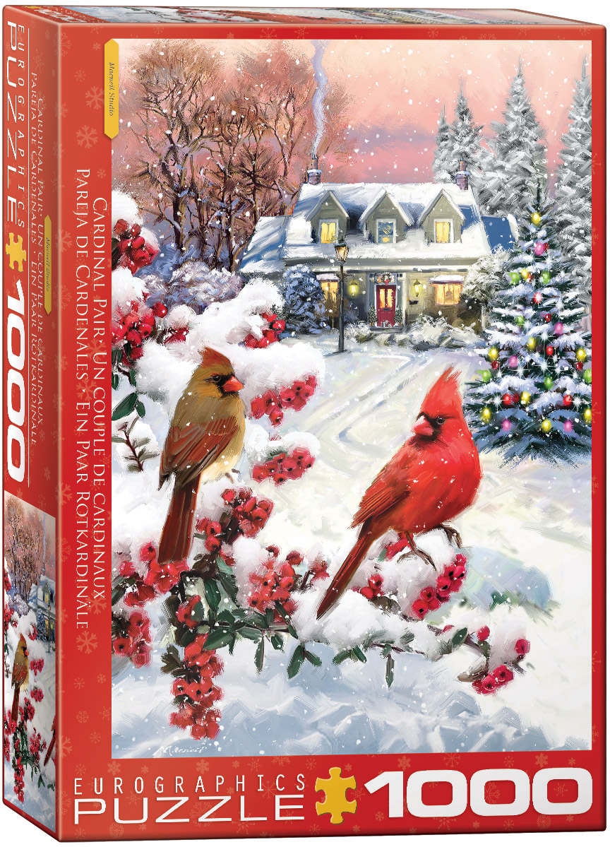 A pair of northern cardinals in a snowy winter setting: the male in bright red with a distinctive crest, the female in muted brown.