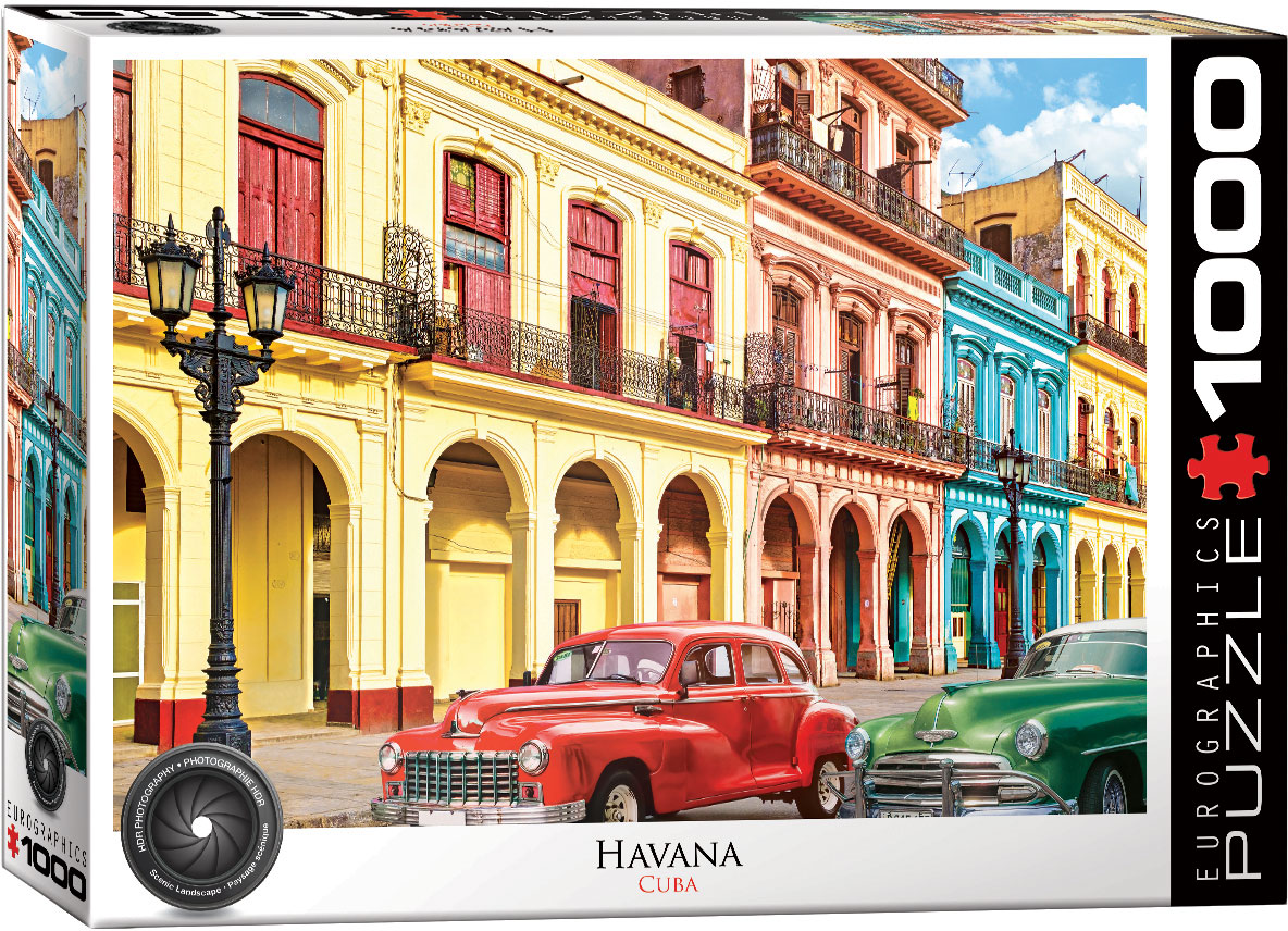 The scene presents Havana’s Old Havana core through Spanish-colonial architecture, a historic fort, the National Capitol Building, a baroque cathedral, and Plaza Vieja.