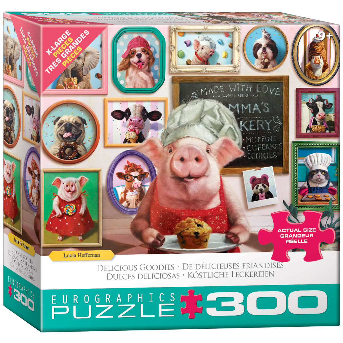 A pig wearing a baker’s hat appears among a lively array of animal portraits in a bright, playful scene.