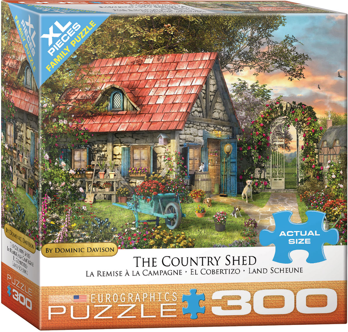 The scene features a cobblestone shed, gardening tools, flowers, and wildlife.