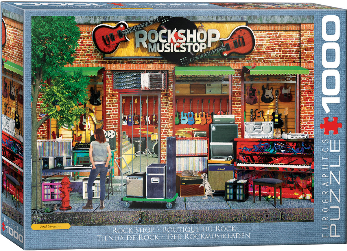 A local music shop sells musical instruments and related materials, including a drum set and electric guitars.