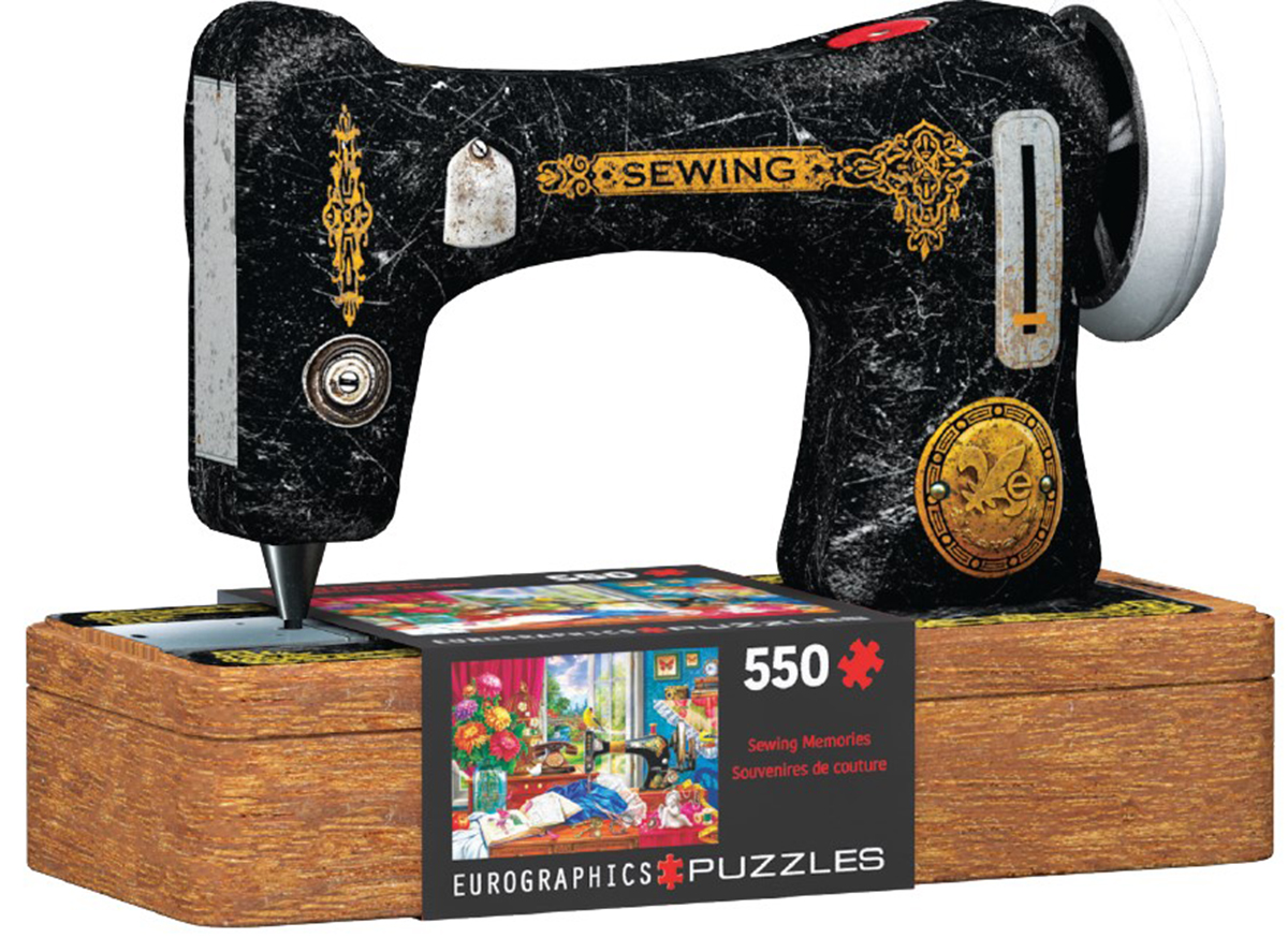 A vintage sewing-room setting fills the image, rendered in vivid color with many fine details.