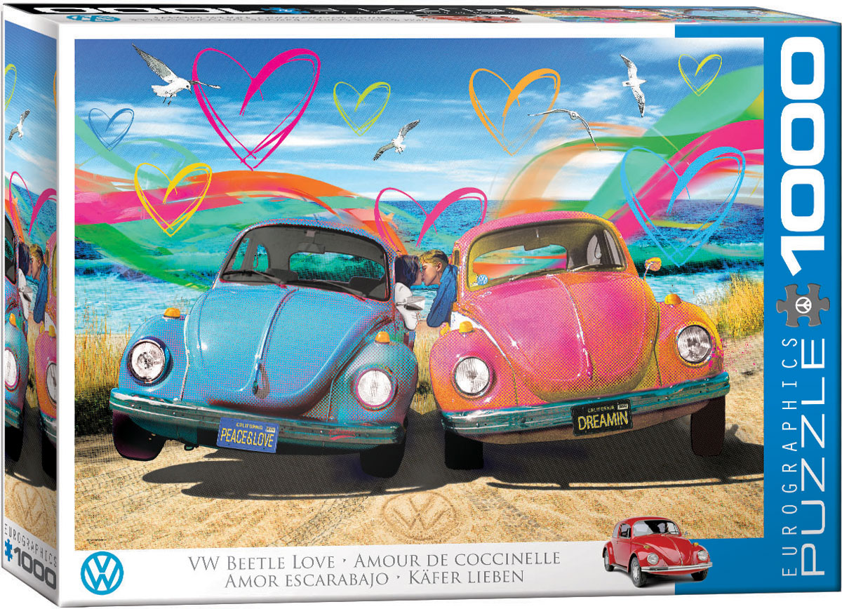 A Volkswagen Beetle takes center stage in this colorful artwork, serving as the picture's main subject.