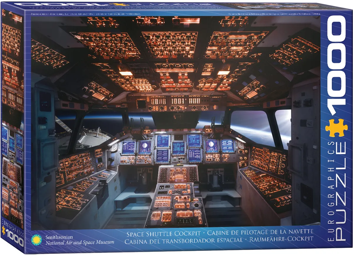 A detailed depiction of the Columbia space shuttle cockpit, centered on aeronautics and space exploration.