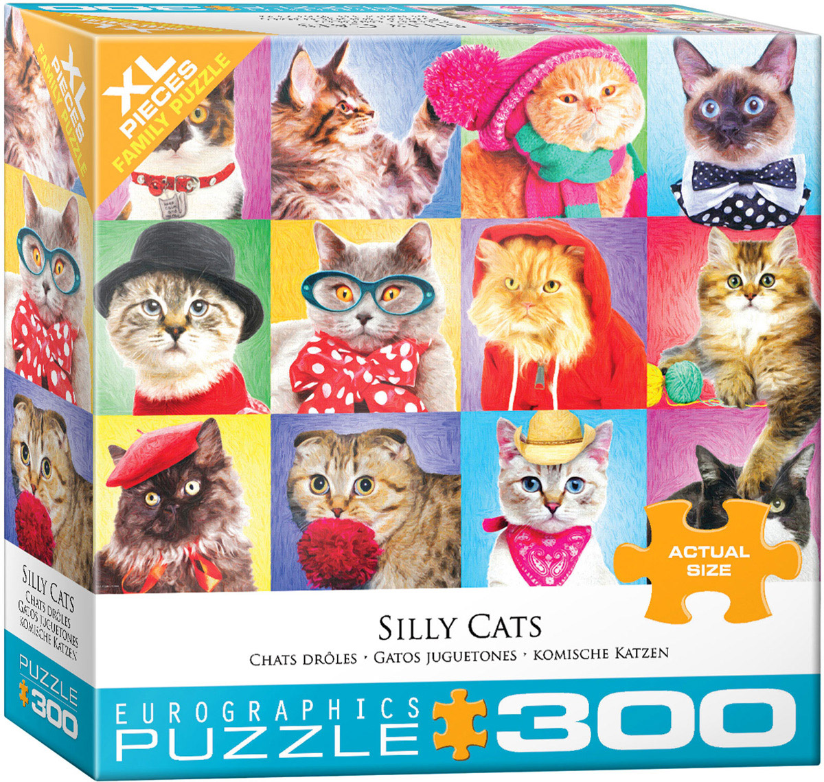A colorful grid shows twelve cats wearing playful accessories—bow ties, hoodies, hats, and glasses—with each feline presented as its own character.