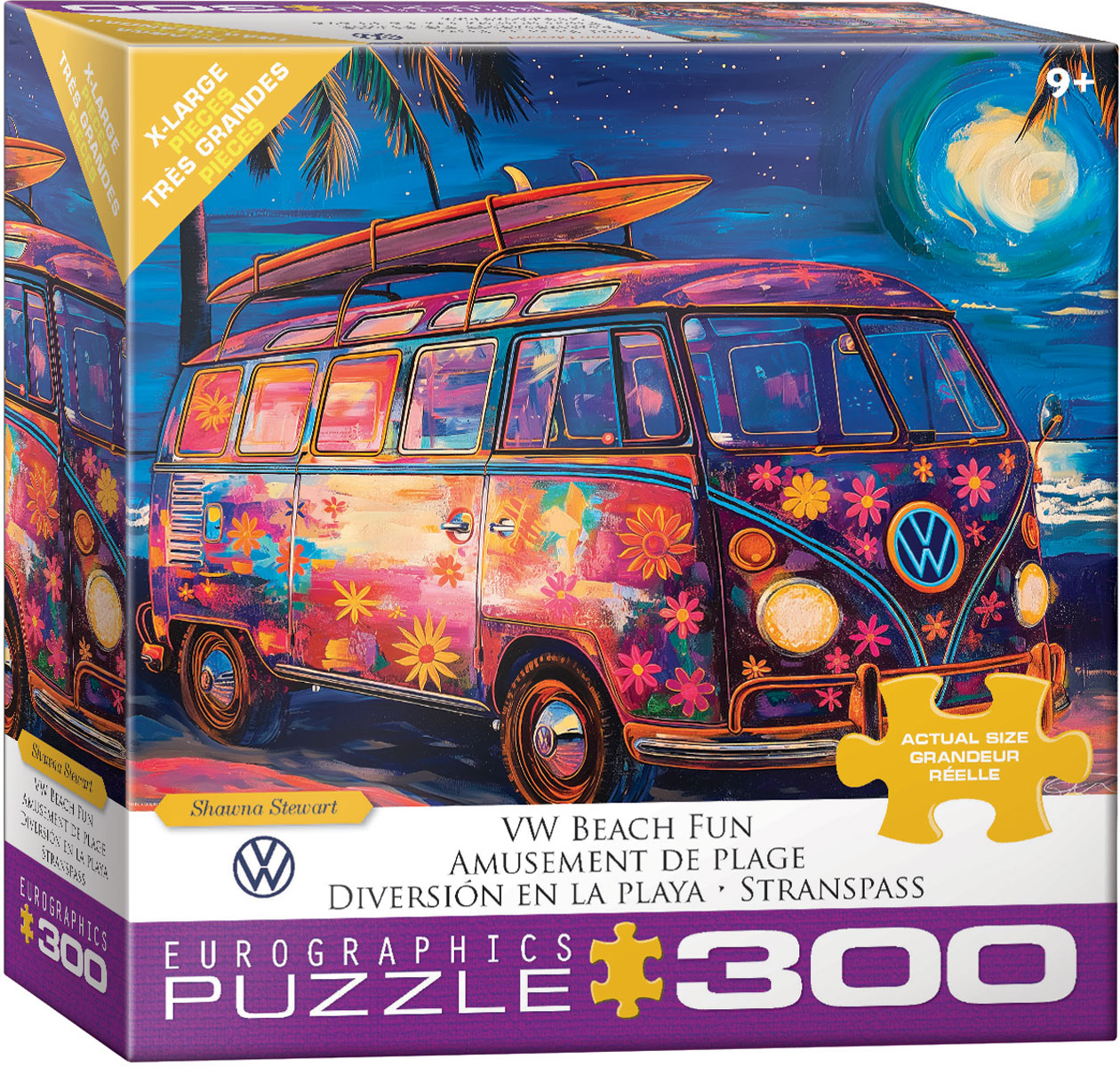 A retro Volkswagen van adorned with bright flowers sits against a moonlit beach backdrop, with a surfboard on top. The ocean setting has a colorful tropical-night atmosphere.