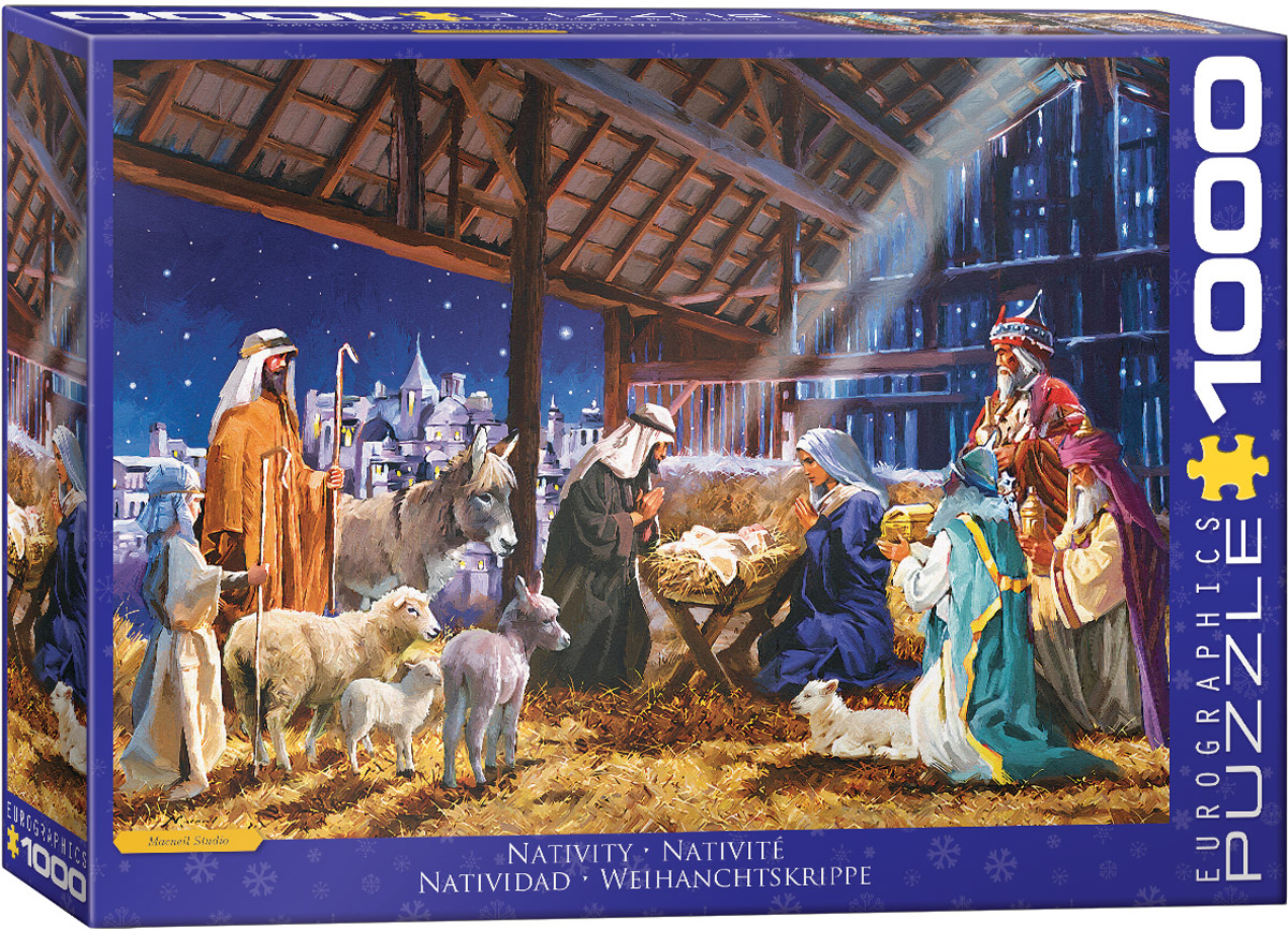 The illustration shows Mary and Joseph with the Three Kings gathered around the newborn in a humble manger, joined by animals and shepherds inside a rustic stable beneath a starry sky. Rich colors and intricate detail give the scene a traditional Christmas character.