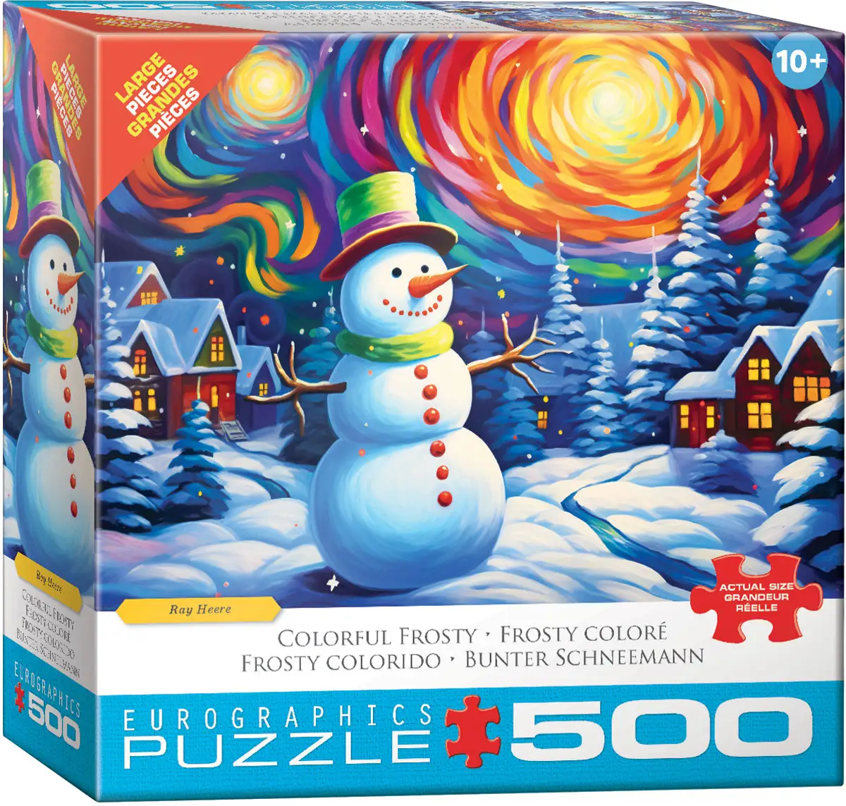 A smiling snowman stands in a snowy nighttime landscape beneath sweeping bands of orange, purple, and blue. Twinkle-lit cabins sit among evergreen trees.