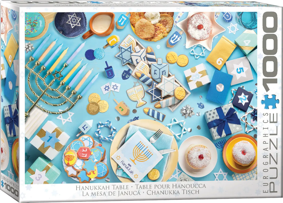 The scene gathers a menorah, spinning tops, holiday sweets, fried foods, blue-and-gold gelt, cookies, and wrapped presents into a vibrant Hanukkah tableau.