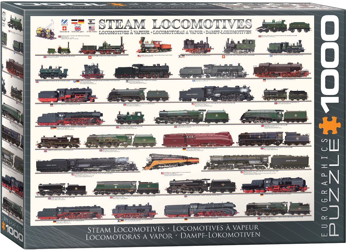 An illustrated selection of steam locomotives from Bavaria, Switzerland, Germany, the United Kingdom, Prussia, and the United States.