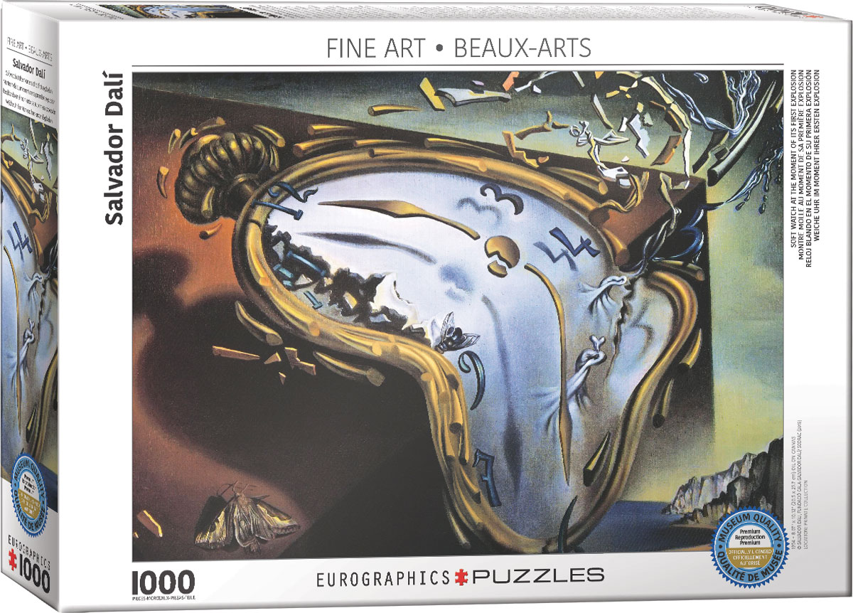 The image centers on a surrealist clock whose form appears soft and melting.