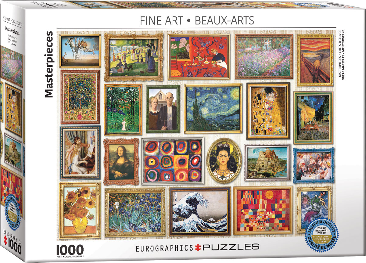 The image gathers colorful reproductions of paintings by several named artists into one fine-art collage.
