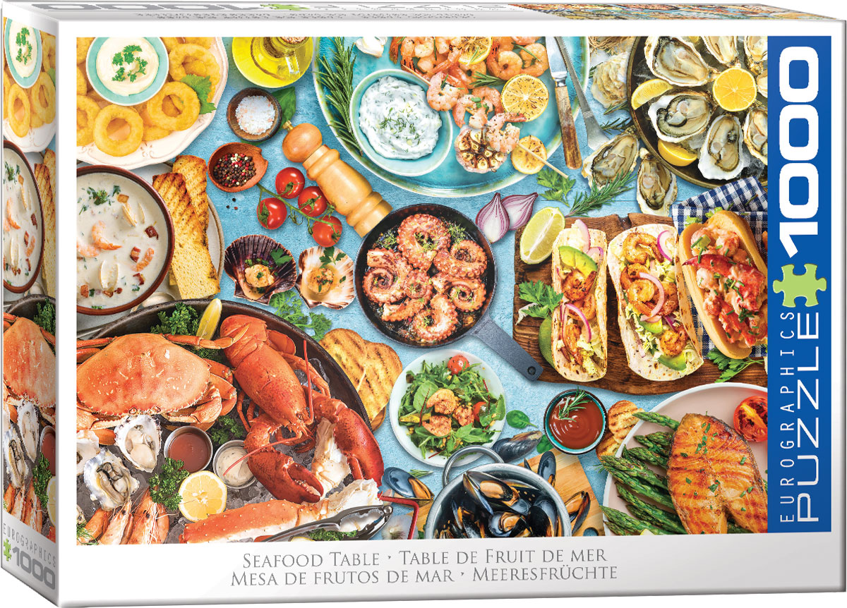 A vibrant, detailed seafood spread fills a table, with lobster, crab, shrimp, and oysters arranged for a feast.