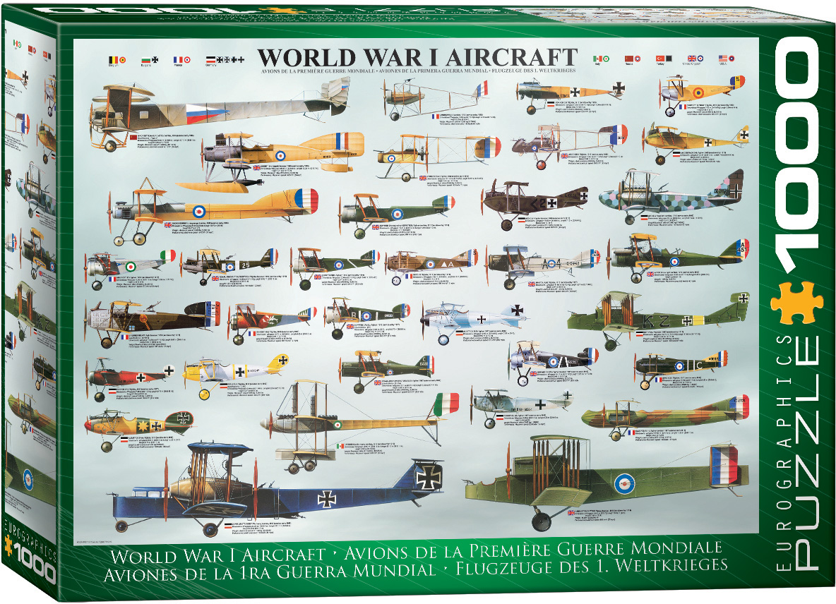 The artwork depicts 34 airplanes from the First World War, including aircraft associated with France, Germany, England, Italy, and the USA.