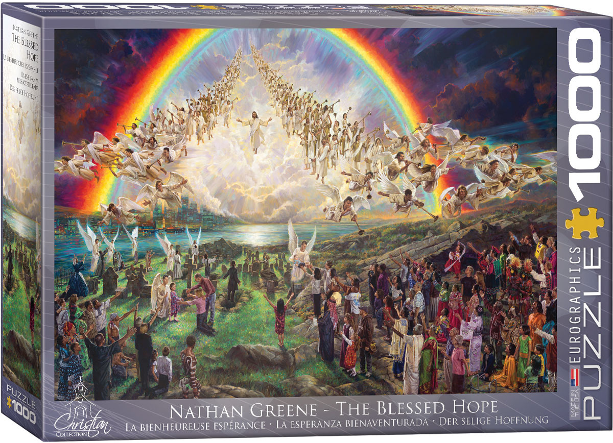 A colorful religious scene centers on Christ’s return, with people from many walks of life portrayed in a moment of emotion and joy as he brings them home to heaven.