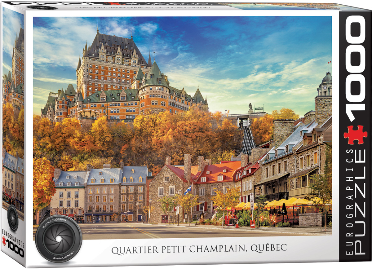 A colorful scene centered on the Quartier du Petit Champlain, a small commercial area in Quebec City, Quebec, Canada.