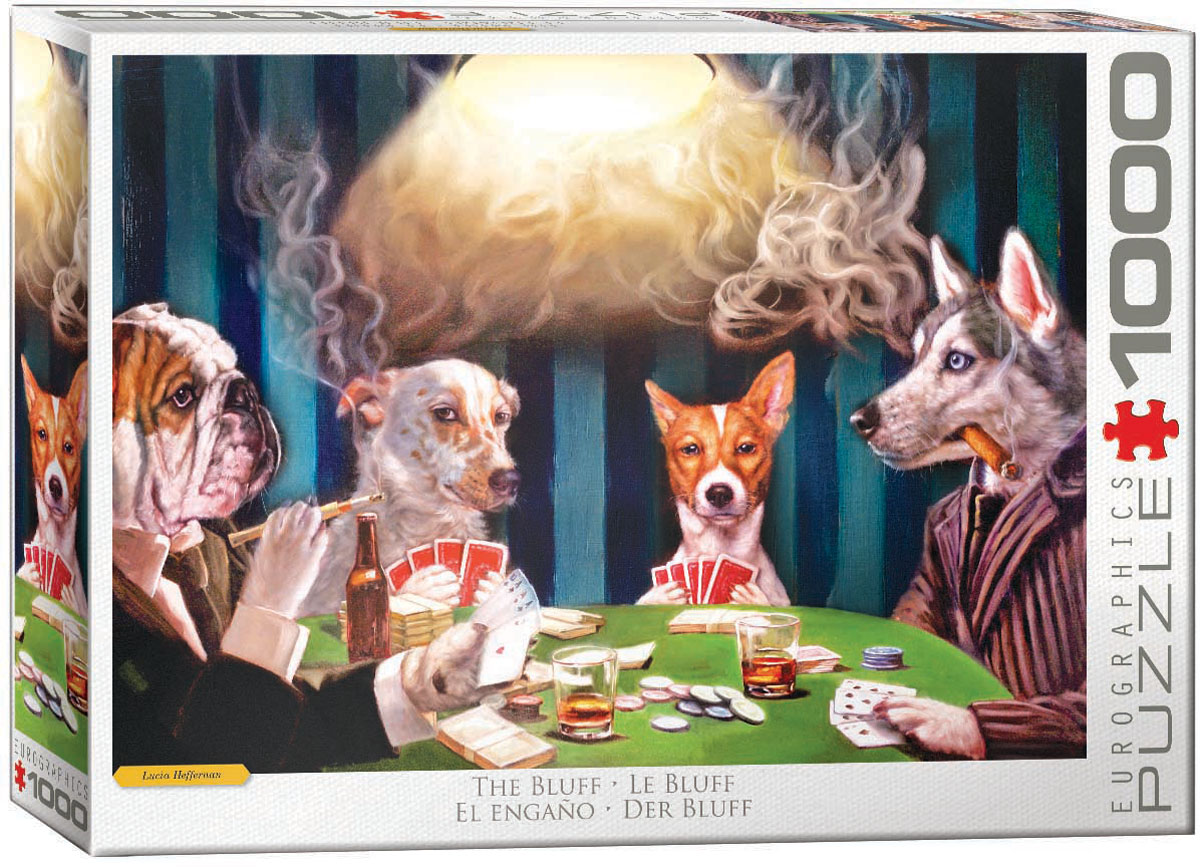 Four dogs sit around a card table during a poker game, with cocktails, beer, cigarettes, and cigars present in the scene.
