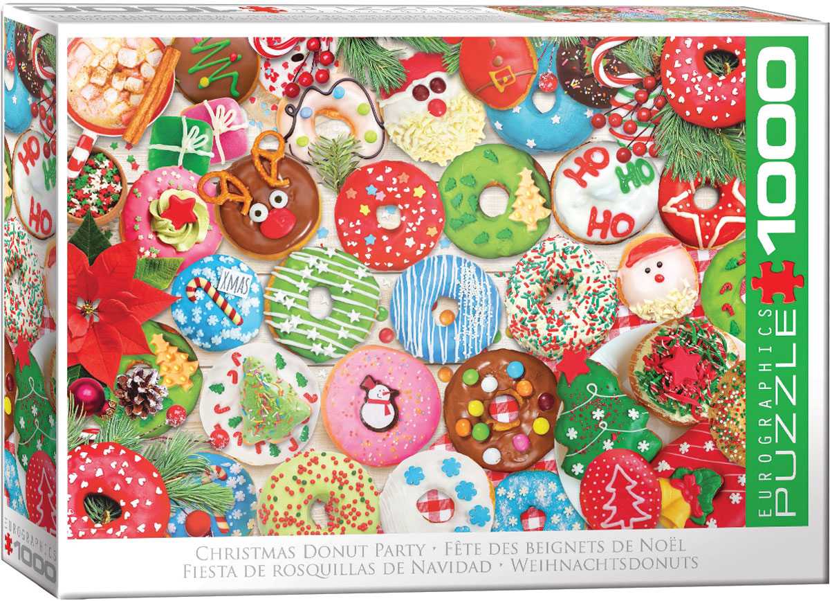 The artwork focuses on donuts decorated in a Christmas-season theme.